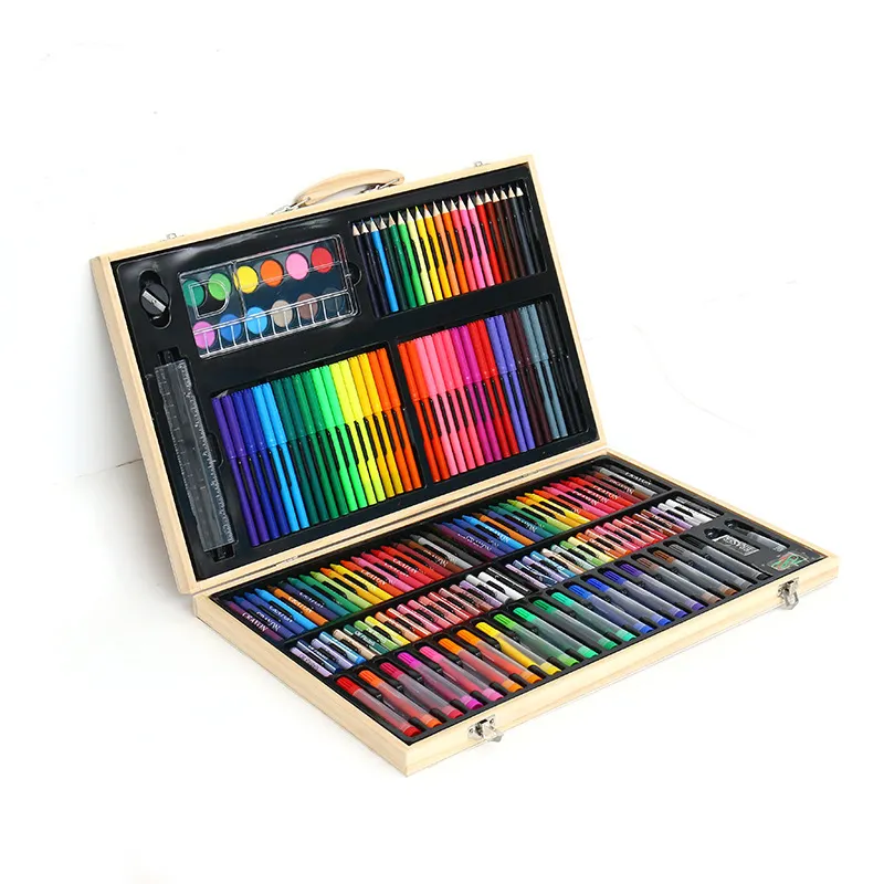 Set pensil warna krayon anak, menggambar seni mewarnai profesional kotak kayu 180 buah untuk anak-anak