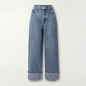 Pantalon en jean taille haute à jambe large pour femme, coupe ample, longueur genou, en coton délavé, style décontracté vintage, ourlet retroussé - Product Image 1
