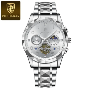 POEDAGAR 972 <span class=keywords><strong>Montre</strong></span>-bracelet chronographe étanche en cuir Bracelet en acier inoxydable <span class=keywords><strong>Montre</strong></span> de luxe à quartz pour hommes - Product Image 3