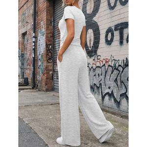 Conjunto de 2 Piezas para Mujer, Estilo Lounge, Pantalones Anchos de Verano, Ropa Casual para Vacaciones, Top de Manga Corta Tejido Transpirable - Product Image 4