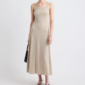 Robe midi côtelée sans manches style bohème décontracté, taille élastique, col carré, design uni tissé pour le printemps, l'été et l'automne, idéale pour les tenues de jour (OOTD) - Product Image 1