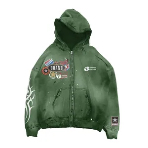 2024 personnalisé fermeture éclair jusqu'à 430 GSM Boxy Fit ourlet brut à capuche surdimensionné soleil délavé à capuche en détresse broderie acide lavage hommes sweats à capuche - Product Image 4