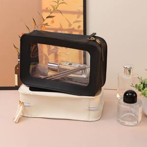 Fashion Pu Leather Square Cosmetic Case <b>Transparent</b> Window Zipper Water Resistant Large Capacity Travel Toiletry <b>Bag</b> for Women - Product Image 3