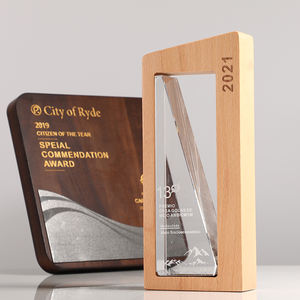 Trofeo de Madera Maciza Personalizado con Interior de Cristal Tallado, Premio Inmobiliario Creativo con Grabado de Montaña para Presentación - Product Image 2
