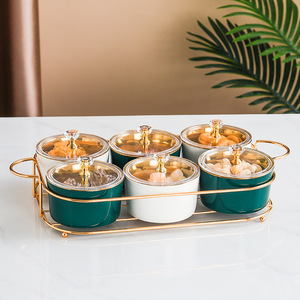 Bol intérieur en céramique de couleur or assiette de fruits <span class=keywords><strong>plateau</strong></span> de soucoupe de bonbons avec couvercle en <span class=keywords><strong>verre</strong></span> - Product Image 2