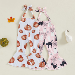 Halloween Halter Trẻ Em Cô Gái Rompers Trẻ Em Bí Ngô In Quần Áo Toddler Chuông Dưới Toddler Kid Bé Cô Gái Jumpsuit - Product Image 1