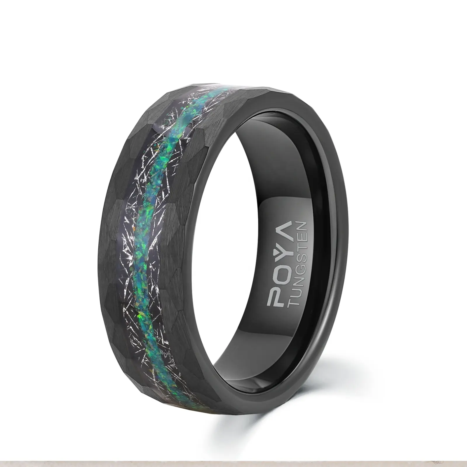 POYA Mens Jewelry Fashion Custom Meteorite Tungsten Ring Green Opal Inlay Black 8mm Hammered Wedding Band For Men