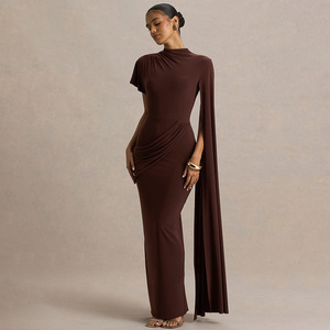 Robe de soirée pour femme, col rond, manches courtes, plissée asymétrique, longue, confortable, taille naturelle, tenue décontractée - Product Image 1