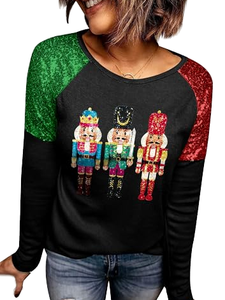Pull de Noël pour femme à sequins, motif Casse-Noisette, manches longues, col rond, haut décontracté d'hiver, imprimé pailleté sur le devant - Product Image 2