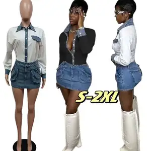 2023 fall women clothing fashion denim patchwork shirts mini cargo jean skirt 2pcs sets slim fit casual style