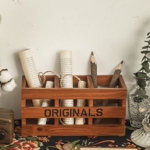 Wooden <b>Pen</b> Holder 24x10x11cm Retro Square Desk Organizer Office Storage <b>Box</b> With Originals Print Stationery Container - Product Image 4