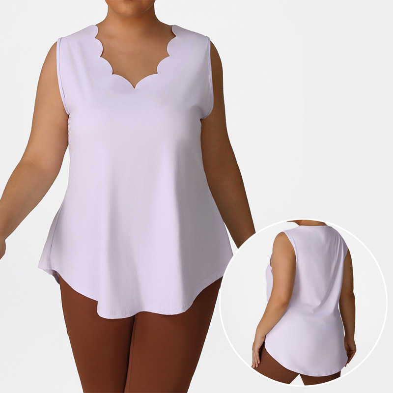 Roregal Wave Edged V-Neck Sleeveless Loose T-Shirt Oversized Yoga Suit Vest Sports Plus Yoga Tank Top