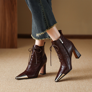 Mùa Đông Đỉnh Cao Của Phụ Nữ Cao Gót Da Chính Hãng Mắt Cá Chân Khởi Động Thoáng Khí Màu Nâu Booties Với Zip Đóng Cửa Cao Top Nhựa Đế Ngoài - Product Image 1
