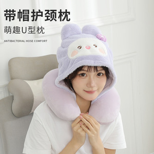 Almohada en forma de U con capucha de dibujos animados de tiburón azul, soporte portátil para el cuello para viajes y siestas en la oficina, relleno de poliéster suave - Product Image 3