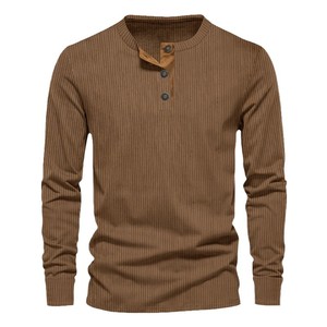Chemises Henry pour hommes européens et américains en gros, automne, poids lourd, vintage, manches longues, col rond, manches longues, couleur unie, t-shirt - Product Image 5