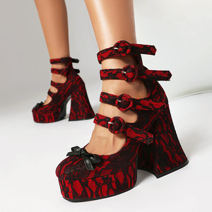 Front Bow Women's Round Toe Dress <b>Lace</b> Upper Shoes High Chunky Heels High Top Sandals Thick Platform Buckles <b>Pumps</b> - Product Image 1