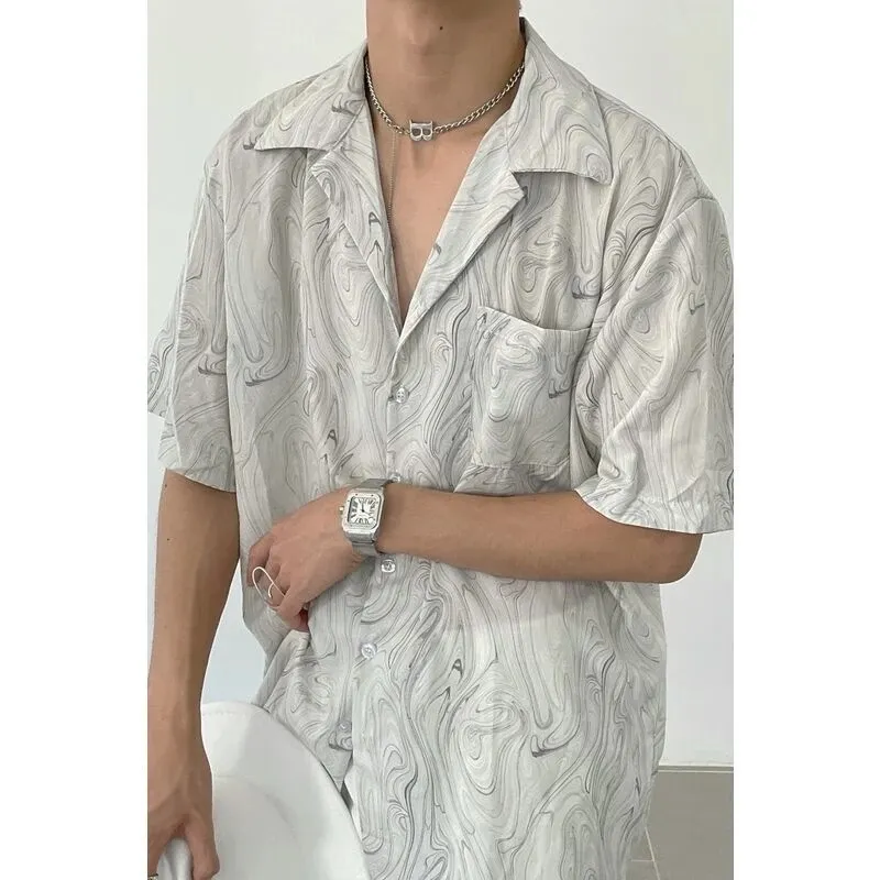 Camisa listrada de manga curta, antiga, ondulada, para homens e mulheres, solta, estilo japonês, alta qualidade, casual, gola cubana