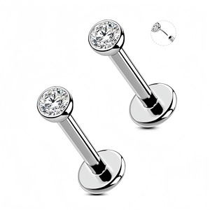 Stainless Steel Stud Earrings Gold Silver Rhinestone <b>Ball</b> Shape Lip <b>Piercing</b> Jewelry Insert Style Round Bezel Setting - Product Image 2