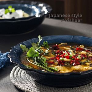 Bol en céramique créatif avec glaçure de four, 14 pouces, compatible micro-ondes, design japonais minimaliste, bord cannelé, pour poisson bouilli, salade de légumes - Product Image 2
