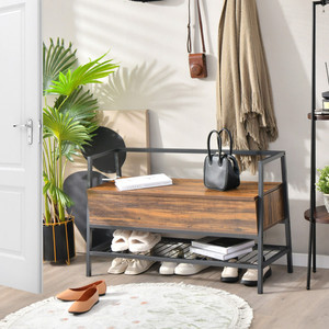 Industrial Shoe <b>Bench</b> with Storage Space and Metal Handrail Multi-functional Use Sturdy Durable Spaces Rustic Shoes Collection - Product Image 2