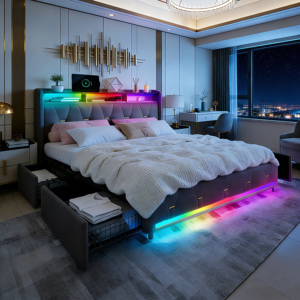 <span class=keywords><strong>Letto</strong></span> Imbottito Multifunzionale con Illuminazione LED e <span class=keywords><strong>Testiera</strong></span> con Vano Portaoggetti e Stazione di Ricarica USB, 4 Cassetti, Doghe in Legno, Grigio - Product Image 1
