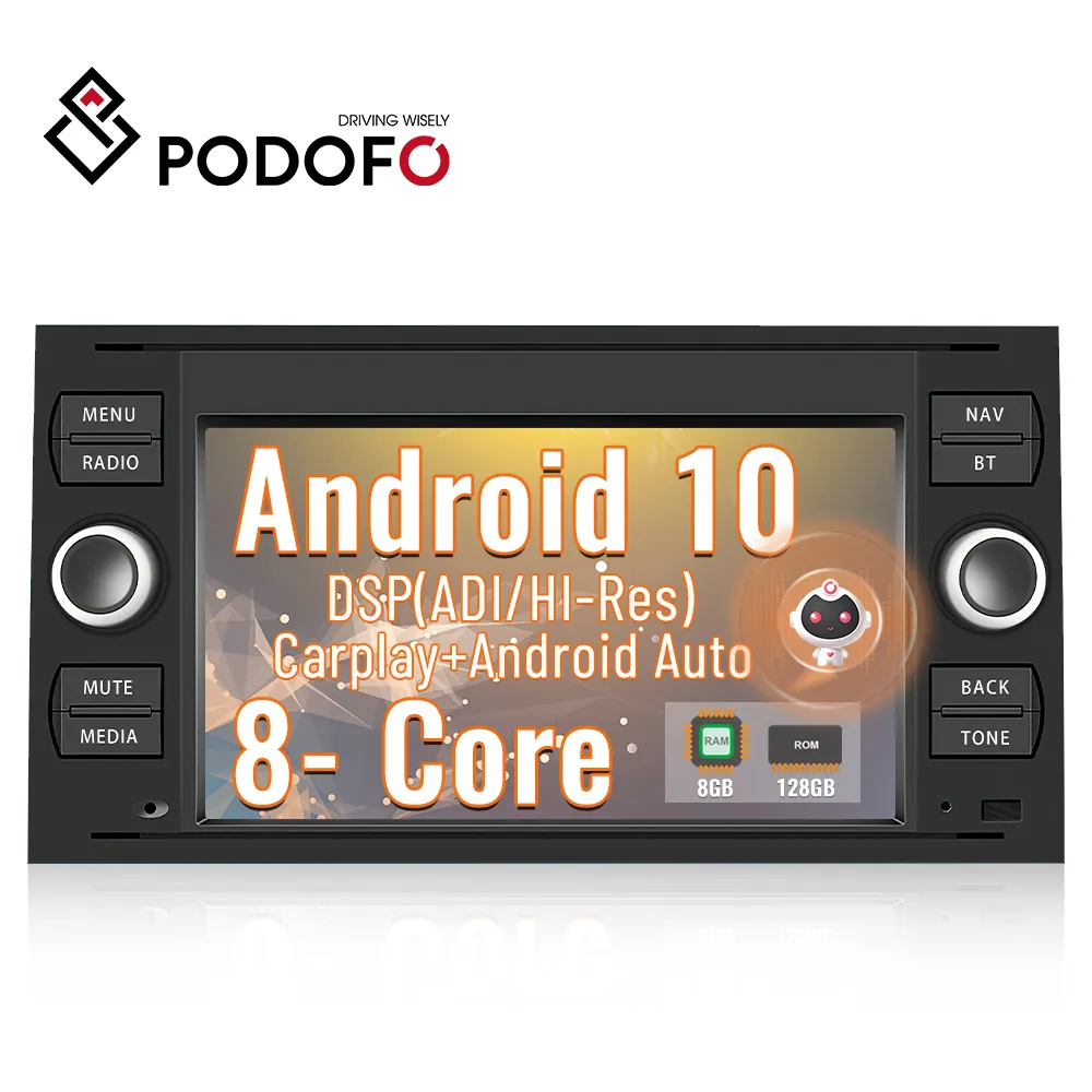 Podofo 8+128GB Carplay Android 13 Car Radio 2 Din 7'' QLED Android Auto/AI/GPS/Wifi/BT/4G/DSP/EQ For Ford Transit/Fiesta/Focus