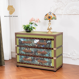 Cassettiera Vintage Stile Baule a 3 Cassetti, Cassettiera Contenitore <span class=keywords><strong>Imbottita</strong></span> con Stampa Tropicale Giungla e Maniglie in Pelle, Mobile Cassettiera - Product Image 2