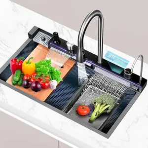 Tiktok Hot Sale Multi Function Sink Large Single Slot Scratch Resistant LED Digital Display Waterfall Smart Sink With Cup Washer