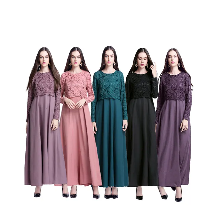 卸売イスラム教徒のファッションドレス女性無地しわ高級ロングチュニックレースシフォンマキシドレス