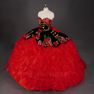 Vestido de Quinceañera Rojo Charro Jancember WC045, Vestido de Baile Floral, Vestido de Novia de Terciopelo Negro con Volantes, Ropa para Fiestas de Cumpleaños, Banquetes y Eventos - Product Image 2