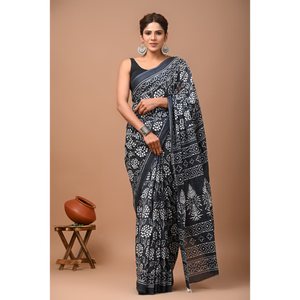 Sari de Algodón Mulmul Estampado con Blusa a Juego, Sari de Algodón Mulmul Ligero y Elegante - Cómodo para Uso Diario - Product Image 5