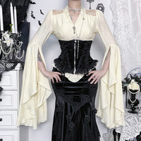 Chemise victorienne gothique pour femme avec empiècements en coton/nylon - Blouse à manches longues à volants, manches cloche, col en V, motifs floraux