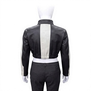 Veste en cuir véritable noire et blanche pour femme, style motard, avec cordon de serrage à l'ourlet et poches cargo |   Vêtements techniques légers et respirants - Product Image 2