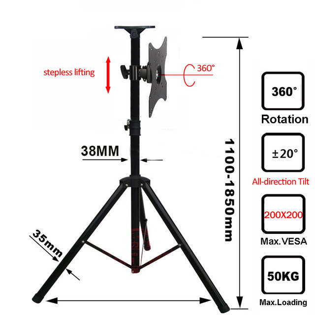 DLS-10AN 14-40" Movable Folding LCD TV Floor Stand TV Mount Cart Display Rack Full Motion TV Tripod Loading 50kgs VESA 200x200mm