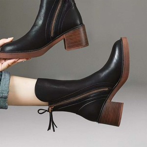 Bottines à talons épais d'automne, style britannique, fermeture éclair latérale, talons hauts, bout rond rétro, bottes Martin pour femmes - Product Image 3