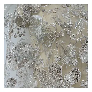 Luxury French machine Crystal Beaded Sequin Embroidery lace Fabric