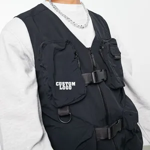 Custom men's fashionable design rock and roll v neck black sleek nylon utility jacket practicality vest