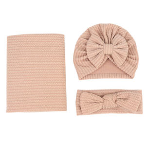 Waffle Knit <strong>Baby</strong> Swaddle Set t with Matching Hat &amp; <strong>Headband</strong>, Lightweight Breathable Newborn Swaddling Blanket Gift Set - Product Image 4