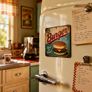 Aimant de réfrigérateur en émail style rétro américain, vintage, avec motifs Jukebox, Burger, Pizza, Milkshake, Café, style Rockabilly des années <span class=keywords><strong>50</strong></span>, en métal - Product Image 3