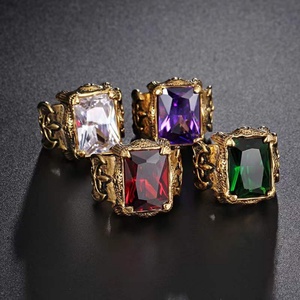 Bague en Acier Inoxydable Plaqué Or 18K Style Punk Chrétien avec Pierres Précieuses Rouges, Blanches, Violettes, Vertes et Noires pour Hommes - Product Image 1