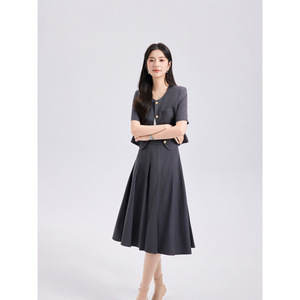 Women's Summer Short Sleeve Suit Set Solid Color Crepe Two Piece Casual Skirt Outfit Elegant Fashion Set - Product Image 2