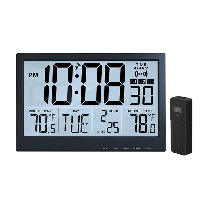 EMAF China Digital Modern Large LCD Radio Controlled Sensor Wall Clocks Desk & Table Clocks with Indoor Outdoor Temperature