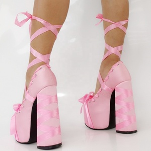 Sandales à plateforme haute en soie pour femme, style mariage, grande taille 47, talons épais, chaussures d'été à lacets cheville, escarpins à bout rond et nœud - Product Image 2