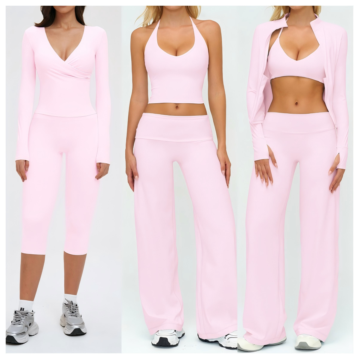 7pcs New Hot Fitness Active Wear Quick Dry Jacket Bra Folder Waist Wide Leg Pant Workout Clothing Sports Gym Yoga Sets For Women