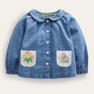 OEM heiß verkaufen Sommer Langarm Baumwolle Mädchen bestickte Jeans hemden Blue Cowboy Shirt für Kind 1-12 Jahre