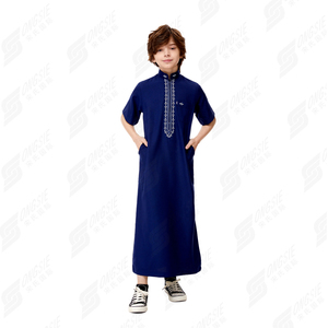 Estilo marroquí islámico niños Thobes manga corta Color sólido bordado hecho a mano poliéster personalizar Logo - Product Image 2