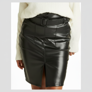 กระโปรงหนังผู้หญิงขายดี กระโปรงหนังสั้นสำหรับฤดูหนาว ผ้าหนังล้าง 100% ประดับเลื่อม - Product Image 1