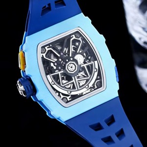 Montre de luxe urbaine haut de gamme multifonction avec tourbillon, bracelet en caoutchouc bleu marine, boîtier en carbone bleu clair, indicateur de réserve de marche mécanique - Product Image 3