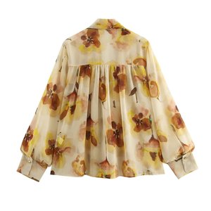 Camicie da Donna Autunno 2026 <span class=keywords><strong>con</strong></span> Stampa Floreale Gialla e Maniche a Sbuffo, Moda Vintage <span class=keywords><strong>con</strong></span> Pieghe, Camicette Casual Larghe - Product Image 2