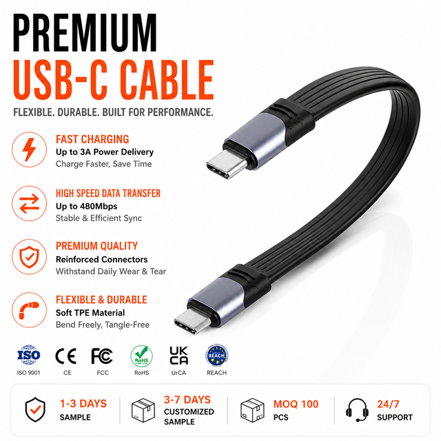 LUNG KAY Ultra-Flexible FPC USB-C Cable 10Gbps USB3.2 Gen 2 Data Sync 100W PD Fast Charge Flat Ribbon Cord for NVMe SSD Drone VR
